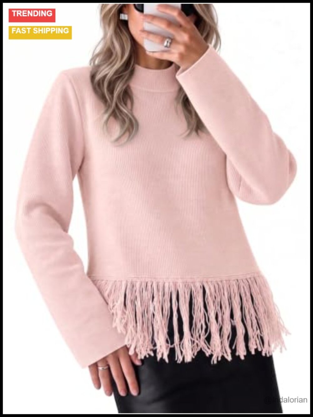 Imily Bela Womens Fringe Sweater Mock Neck Long Sleeve Pullover Tops